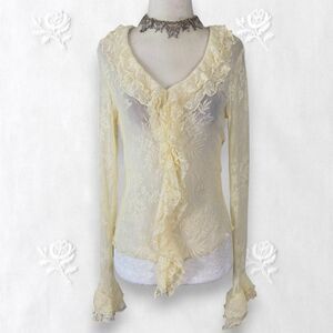 Newport Cream White Sheer Lace Frilly Ruffle Pirate Wench Bell Sleeve Blouse S